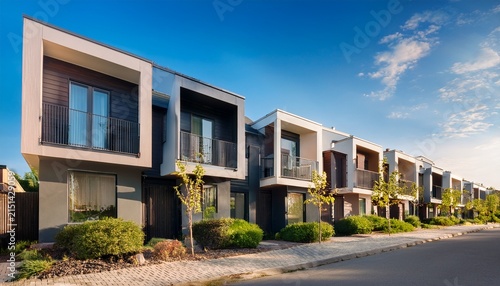 row of modern townhouses on a residential street