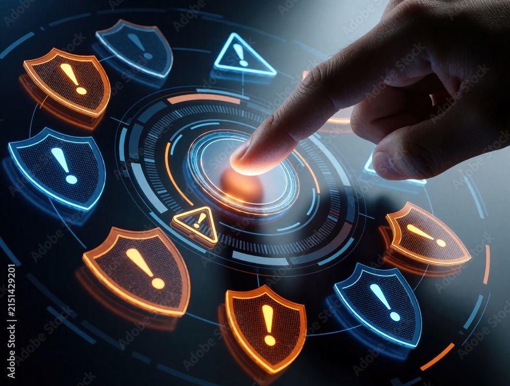 Fototapeta premium Person finger touches virtual button on digital screen interface. Glowing icons with shield warning triangle shapes appear in cyber space. Cyber security expert activates data protection software for