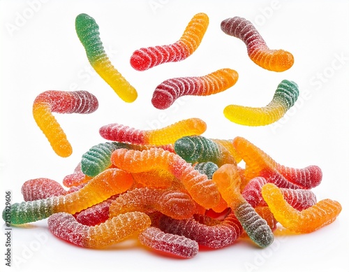 falling sour gummy worms isolated on white background full depth of field