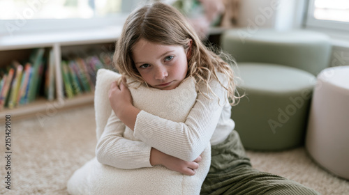 Sad young schoolgirl hugging a soft pillow while sitting alone in a classroom library, expressing loneliness, worry and need for comfort