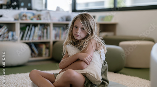 Serious young schoolgirl sitting alone and hugging a pillow in a classroom library, showing sadness, loneliness and emotional discomfort