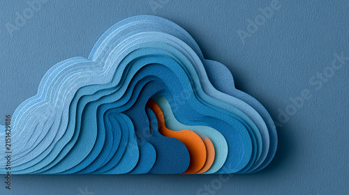 Cloud sculpture crafted from layered blue and orange paper represents a unique weather phenomenon or abstract climate concept.