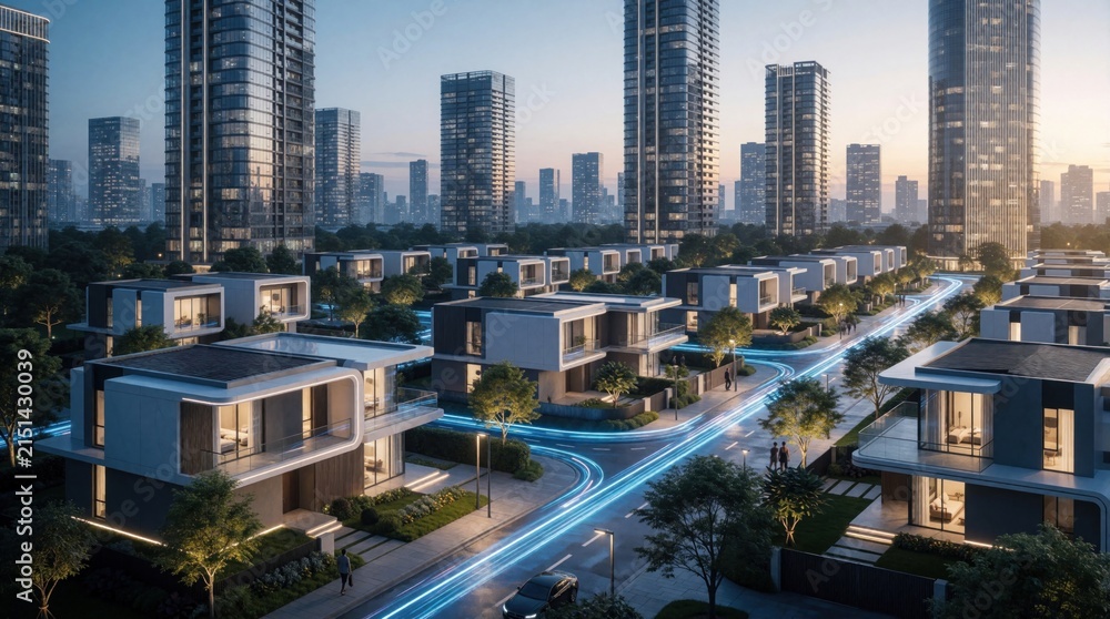 Fototapeta premium Aerial view of modern housing district with futuristic residential buildings, elegant luxury homes at sunset. Bright blue light lines trace roads between contemporary villas, skyscrapers. Urban