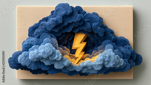 Storm cloud crafted from layered blue paper features a vibrant yellow lightning bolt at its center.