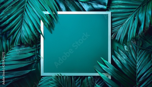 dark teal tropical leaves background with square frame copy space