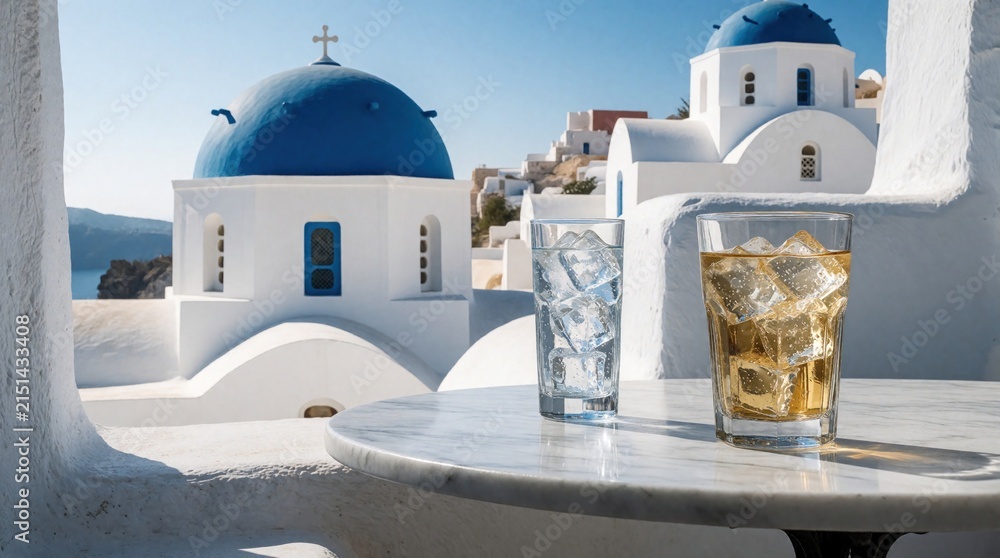 Obraz premium Two drinks with ice sit on marble table before Santorini island architecture. Refreshing beverages offer cool respite with white buildings blue domes sea backdrop.