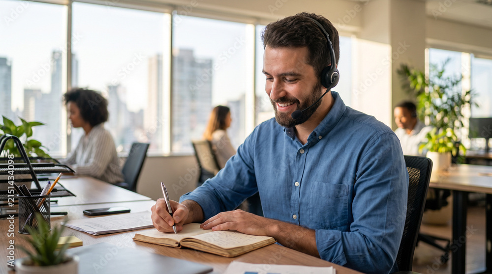 Obraz premium A friendly male customer support agent wearing a headset smiles while writing notes in a paper notebook at his wooden desk in a bright modern corporate office right now.