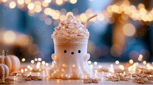 Ghost holding a pumpkin spice latte in a cozy autumn setting with whipped cream, straw, pumpkins, leaves, and warm bokeh lights.