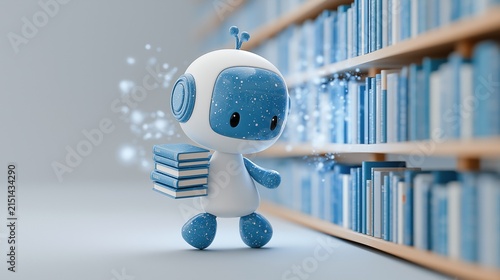 Robot holding books in a library aisle with blue shelves, a futuristic assistant for education, knowledge, and information management.
