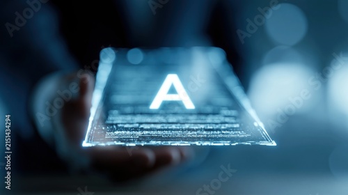 Holographic legal document display with a glowing letter A on a transparent screen held in a hand against a blurred blue background.