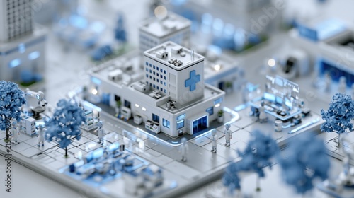 Miniature hospital model with medical staff figures, illuminated buildings, and connected equipment in a futuristic healthcare layout.