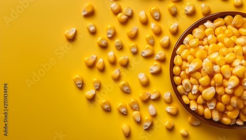 whole kernel sweet corn laid on a yellow background for advertising editing