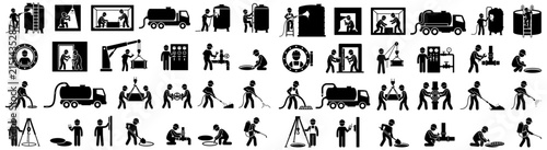 Sewer and Drain Maintenance Workers Silhouette Icons With Vacuum Truck, Manhole and Teamwork Symbols