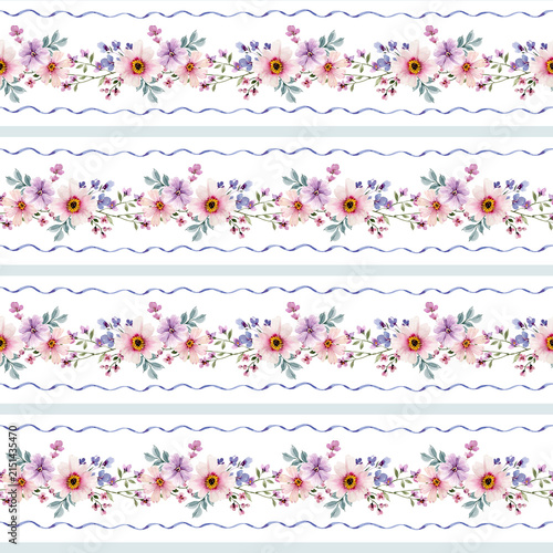 A seamless watercolor pattern featuring bouquets of pink and lilac flowers with stripes. Hand-drawn illustration. A decorative print for textiles or wrapping paper.