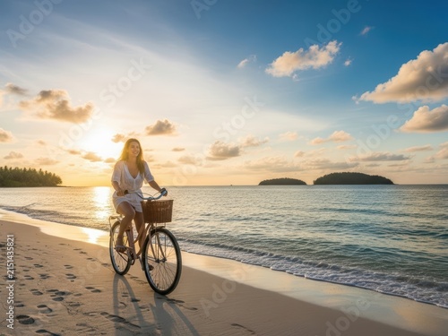 Tropical beach bicycle ride at sunset, woman cycling on sandy shore, coastal summer vacation lifestyle and travel concept