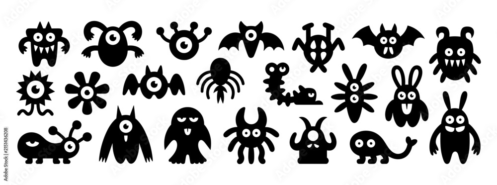 Obraz premium Monster Silhouettes Collection: A playful and eclectic assortment of black monster silhouettes, each with a unique, whimsical design, representing a variety of creative and imaginative characters.