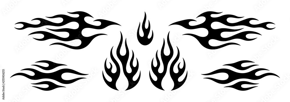 Fototapeta premium Flame Tattoo Designs: A collection of stylized flame graphics, perfect for custom tattoo designs or edgy graphic elements. These black silhouettes evoke power and intensity.