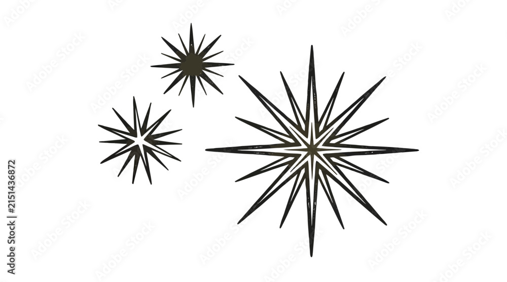 Fototapeta premium Three stylized star shapes featuring vintage line art textures created in a minimalist vector design style