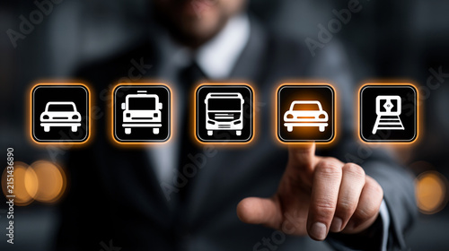 Hand selecting an illuminated vehicle option from a row of digital transportation icons.