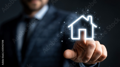 Real estate agent interacting with a digital house icon surrounded by glowing sparkles for property marketing concepts.