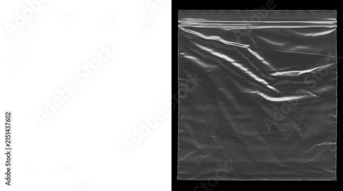 Cuadro en lienzo Transparent plastic bag texture on black background, wrinkled cellophane poly ba