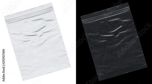 Transparent plastic zipper bag mockup, empty polyethylene zip lock pouch on white and black background, wrinkled poly bag texture