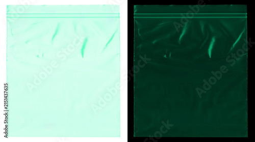 Принти на полотні Transparent plastic zip bag texture, wrinkled polyethylene pouch mockup, green t