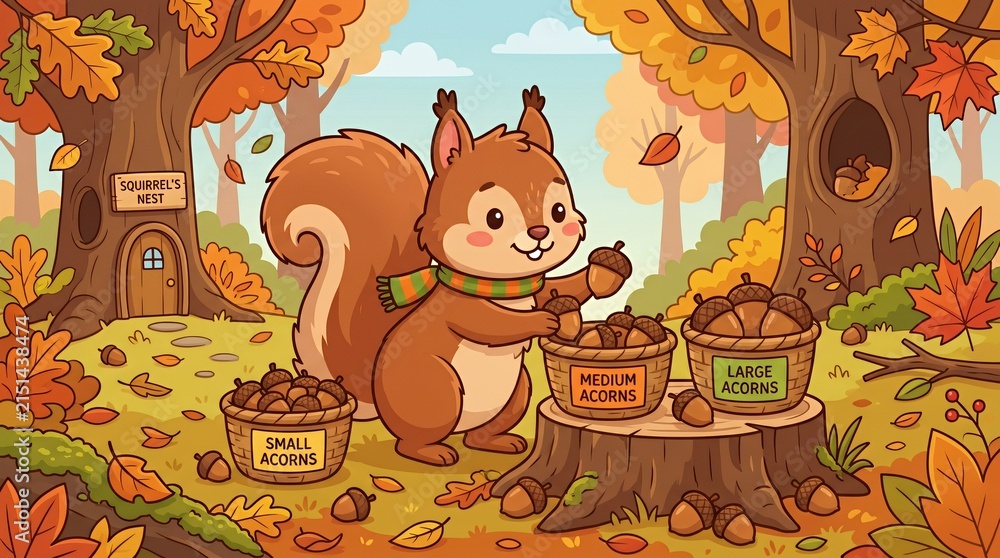 Fototapeta premium Cute squirrel sorting acorns in fall forest landscape.
