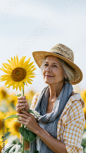 Smiling elderly woman holding a sunflower in a vibrant field, wearing a straw hat.
