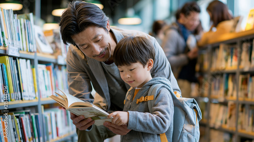 Father and son enjoying storytime together in a modern library setting.