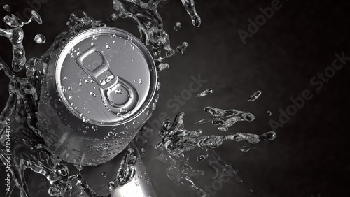  Refreshing Silver Soda Can with Dynamic Water Splash 3d render.
