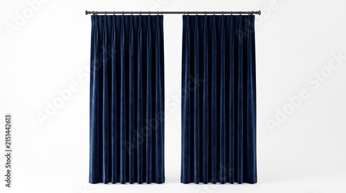 Elegant navy velvet curtains hanging from black rod with dark blue velvet drapes hanging rod background luxurious interior material isolated