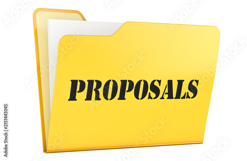 Proposals, yellow document folder with papers. 3D rendering