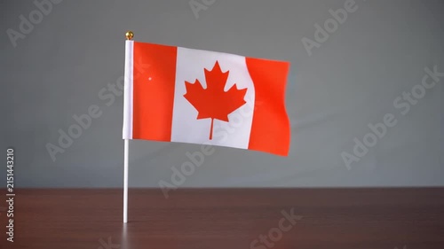 Small Canada Flag Waving on Wooden Table Desk Stand Isolated on Grey Background