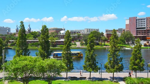 Tampa, Florida USA - Jan 03, 2024: Tampa Hillsborough riverwalk, downtown and University of Tampa landscape