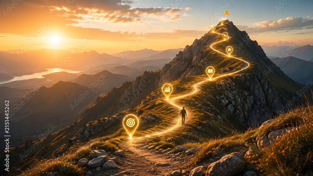 Fototapeta premium Beautiful sunset mountain landscape with a glowing golden path and map pins leading a hiker to the summit of success and achievement.