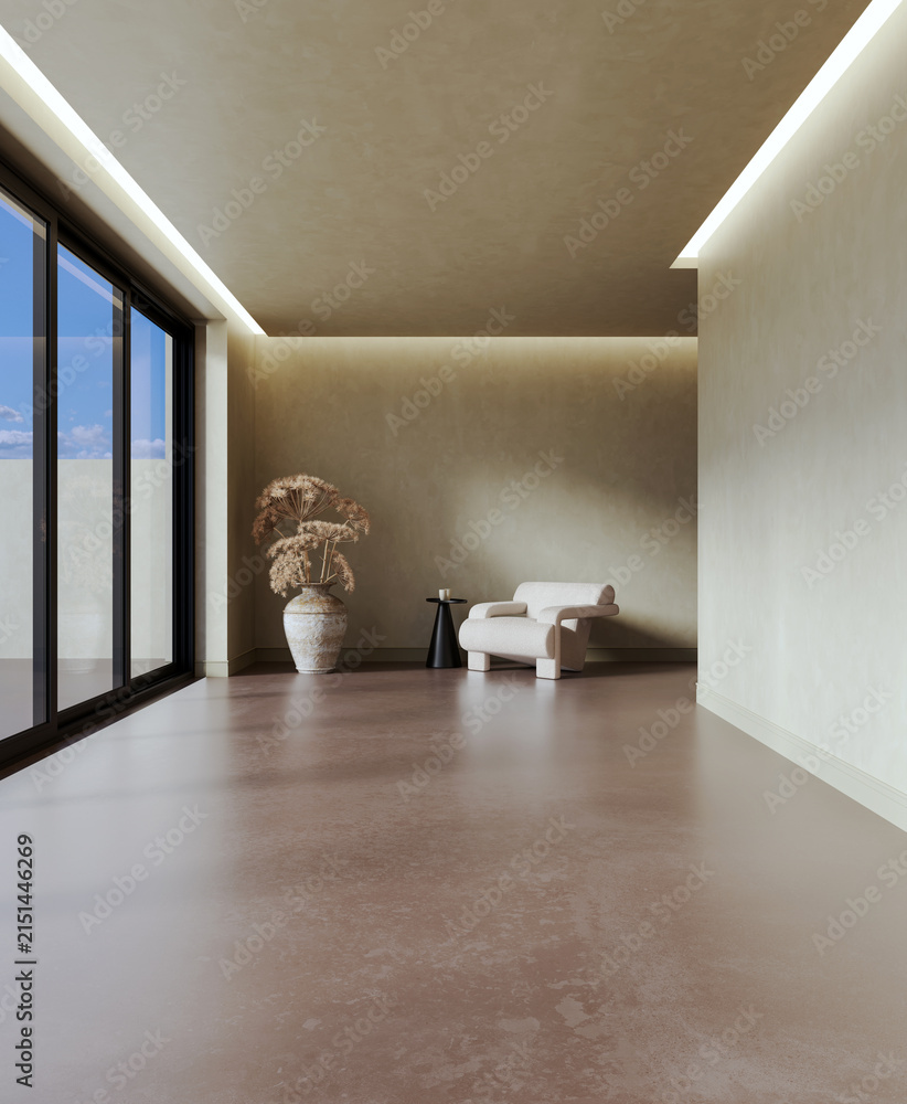 Fototapeta premium 3D render, illustration Fan Ventilation Large Luxury modern living room interior, brutalist architecture realistic lighting, Graphic Overlay wide angle, contemporary furniture, clean lines, minimal