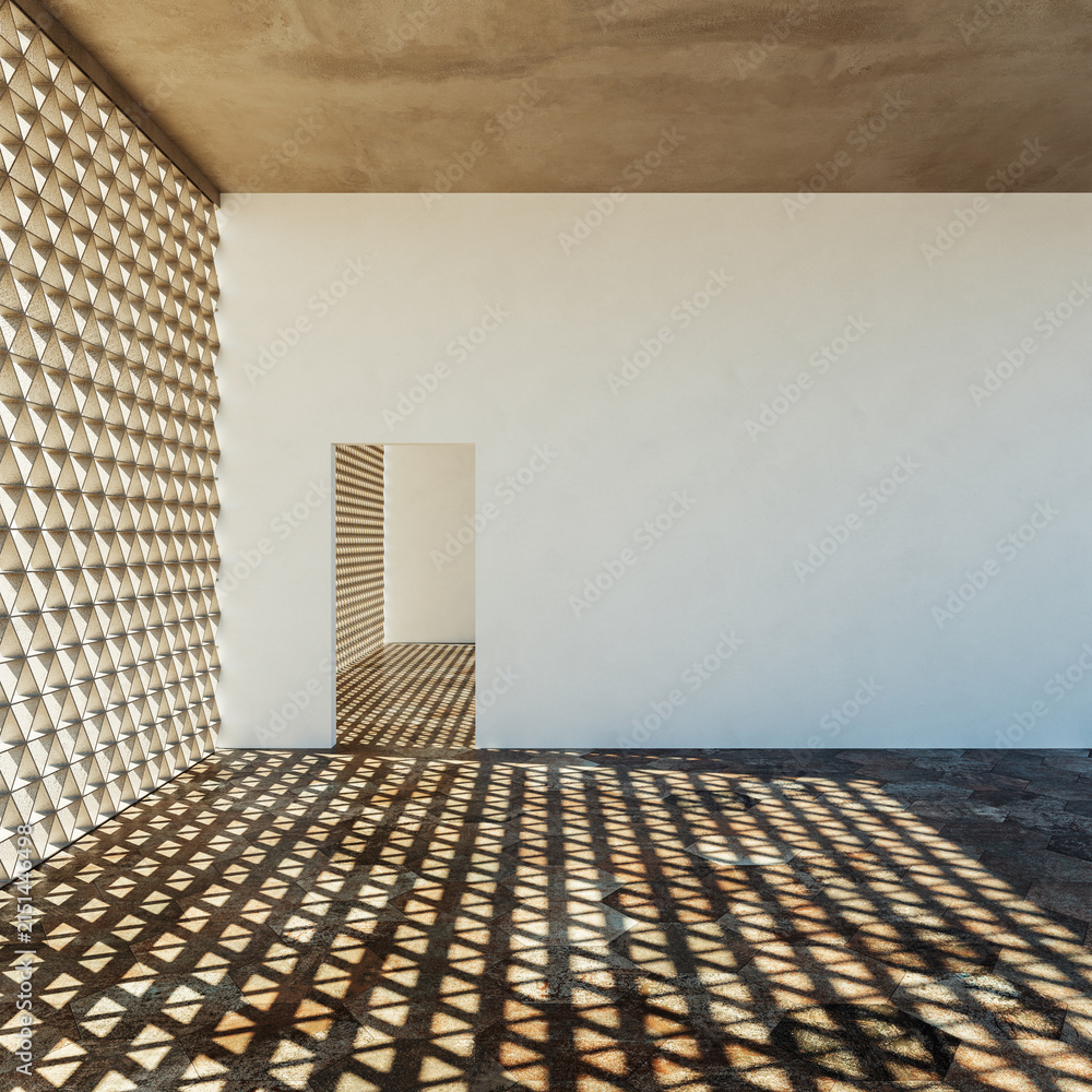 Fototapeta premium 3D render, illustration Fan Ventilation Large Luxury modern living room interior, brutalist architecture realistic lighting, Graphic Overlay wide angle, contemporary furniture, clean lines, minimal