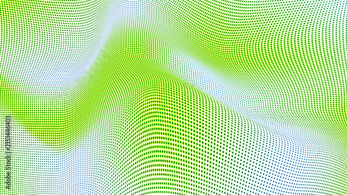 Obraz na plátně Abstract green halftone wave background with flowing dotted patterns, dynamic distortion, and optical motion, creating a futuristic digital texture for modern designs