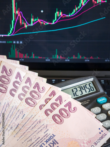 Vertical Shot of Turkish Lira Bills with Calculator and Financial Trading Chart