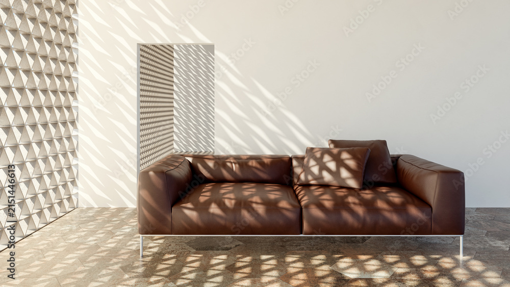 Fototapeta premium 3D render, illustration Fan Ventilation Large Luxury modern living room interior, brutalist architecture realistic lighting, Graphic Overlay wide angle, contemporary furniture, clean lines, minimal