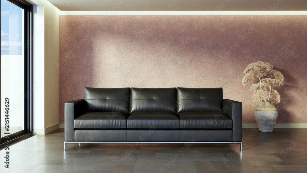 Fototapeta premium 3D render, illustration Fan Ventilation Large Luxury modern living room interior, brutalist architecture realistic lighting, Graphic Overlay wide angle, contemporary furniture, clean lines, minimal