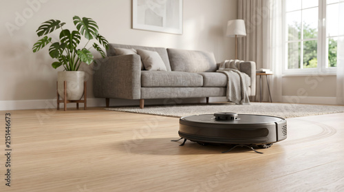 Konstfotografi robot vacuum cleaner working on wooden floor in living room