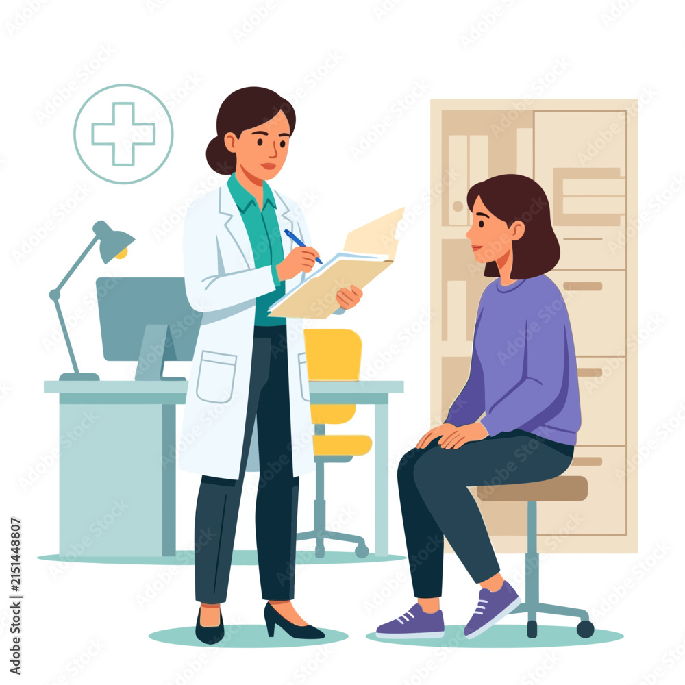 Fototapeta premium Doctor Consulting Patient in Clinic - Flat Vector Illustration