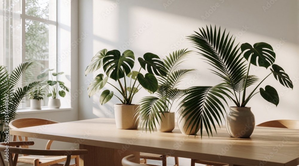 Fototapeta premium Wooden table with potted monstera and palm leaves sits by sunny window. Natural light illuminates indoor plants in modern home interior, creating peaceful ambiance.