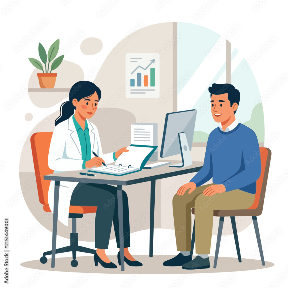 Fototapeta premium Doctor and Patient Consultation in Modern Office, Flat Design Vector Illustration