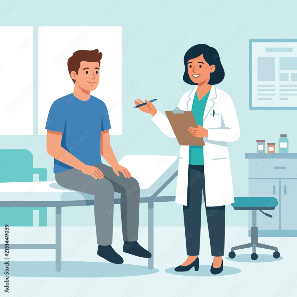 Fototapeta premium Doctor and Patient in Medical Consultation Room - Flat Vector Illustration