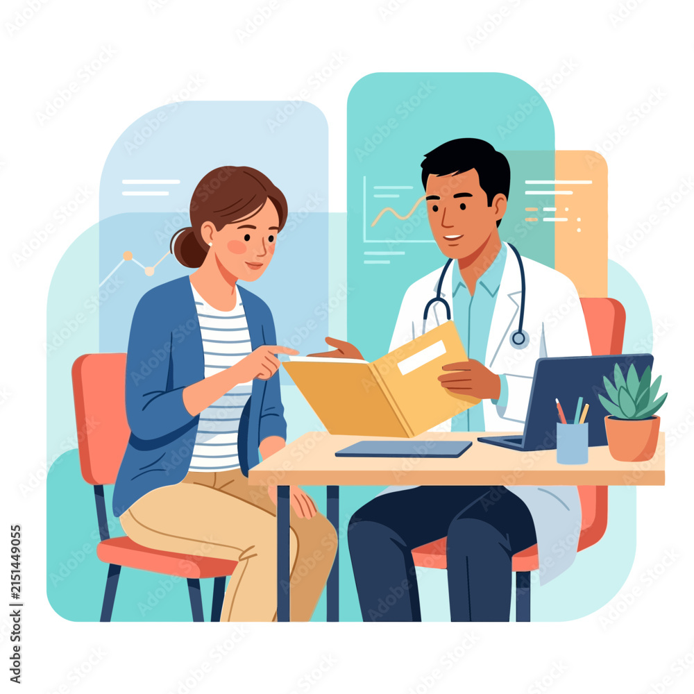 Obraz premium Doctor consulting with a patient, showing medical results in a folder, modern flat illustration style