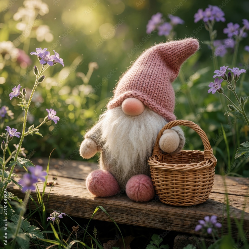 Fototapeta premium Plush gnome with pink hat and basket sits on wooden path. Gentle light illuminates garden scene with small purple flowers. Whimsical figurine has fluffy beard and round feet, evoking fairytale charm.
