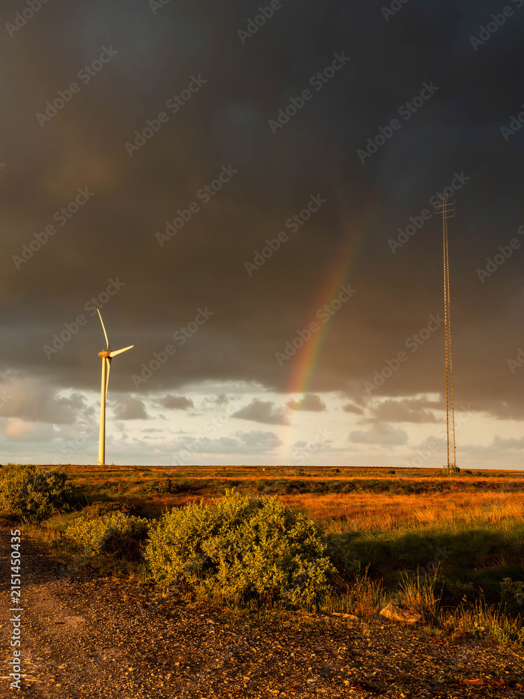 Obraz premium Stormy sky with rainbow arching over wind turbine and transmission tower. Open field with dry grass and shrubs under dramatic lighting. Blend of modern technology and nature scenery. Dark and moody.